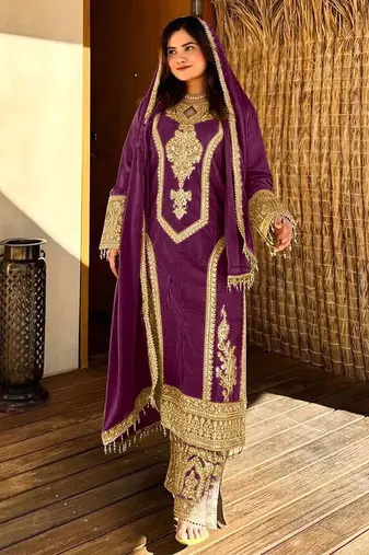 Wine embroidered silk blend readymade suit
