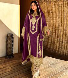 Wine embroidered silk blend readymade suit