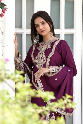 Wine embroidered silk blend readymade suit 3