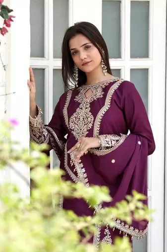 Wine embroidered silk blend readymade suit