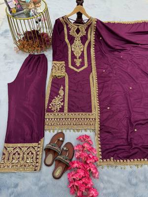 Wine embroidered silk blend readymade suit 4
