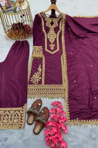 Wine embroidered silk blend readymade suit