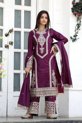 Wine embroidered silk blend readymade suit 1
