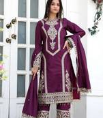 Wine embroidered silk blend readymade suit