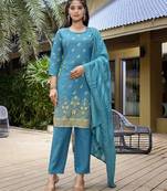Turquoise blue color crepe fabric beautiful salwar kameez for party looks