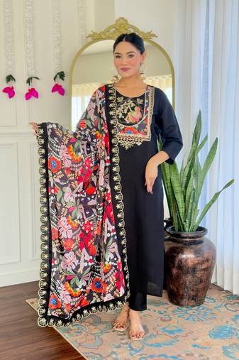 Black color viscose chanderi fabric trendy and stylish readymade kurta set