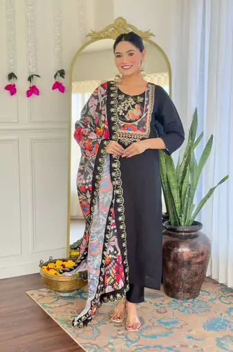 Black color viscosee chanderi trendy and stylish readymade kurta set