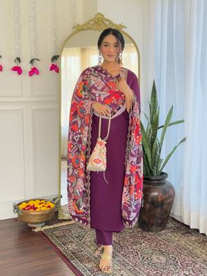 Wine color viscosee chanderi trendy and stylish readymade kurta set 1