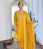 Yellow color viscose chanderi fabric trendy and stylish readymade kurta set
