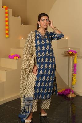 Blue color roman slub trendy and stylish readymade kurta set 1