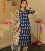 Blue color roman slub fabric trendy and stylish readymade kurta set
