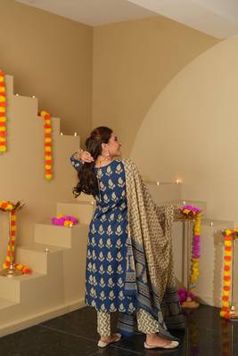 Blue color roman slub trendy and stylish readymade kurta set 2