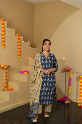Blue color roman slub trendy and stylish readymade kurta set 4