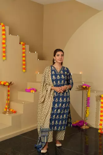 Blue color roman slub trendy and stylish readymade kurta set