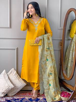 Yellow color viscosee embroidered readymade suit for party looks 1