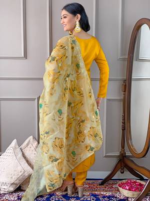 Yellow color viscosee embroidered readymade suit for party looks 2