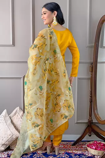 Yellow color viscosee embroidered readymade suit for party looks