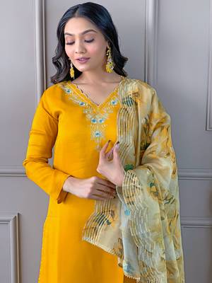 Yellow color viscosee embroidered readymade suit for party looks 3