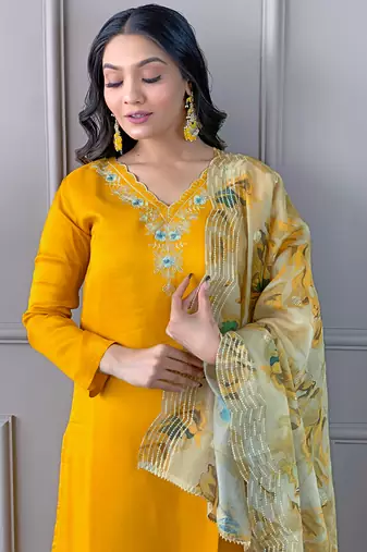 Yellow color viscosee embroidered readymade suit for party looks