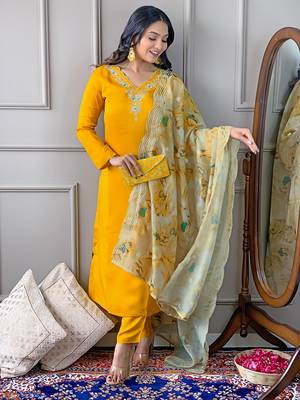 Yellow color viscosee embroidered readymade suit for party looks 4