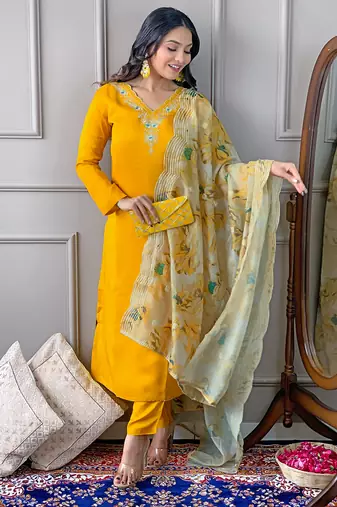 Yellow color viscosee embroidered readymade suit for party looks