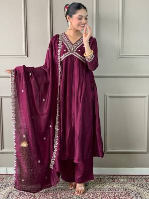 Wine color vichitra silk embroidered readymade suit for party looks 1