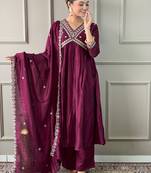 Wine color vichitra silk fabric ethnic embroidered readymade suit for party looks