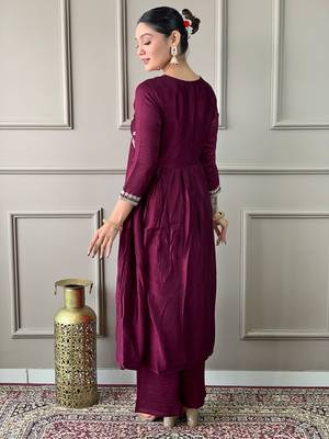Wine color vichitra silk embroidered readymade suit for party looks 2