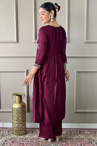 Wine color vichitra silk embroidered readymade suit for party looks