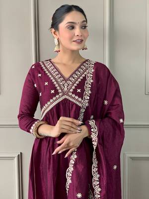 Wine color vichitra silk embroidered readymade suit for party looks 3