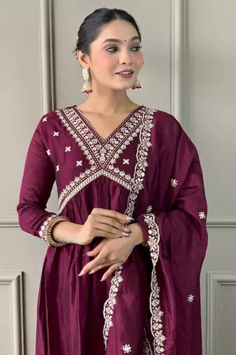 Wine color vichitra silk embroidered readymade suit for party looks