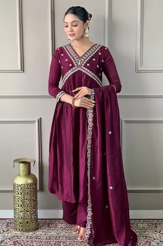 Wine color vichitra silk embroidered readymade suit for party looks