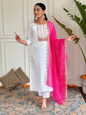 White color viscosee rayon embroidered readymade suit for party looks 1