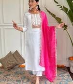 White color viscose rayon fabric ethnic embroidered readymade suit for party looks