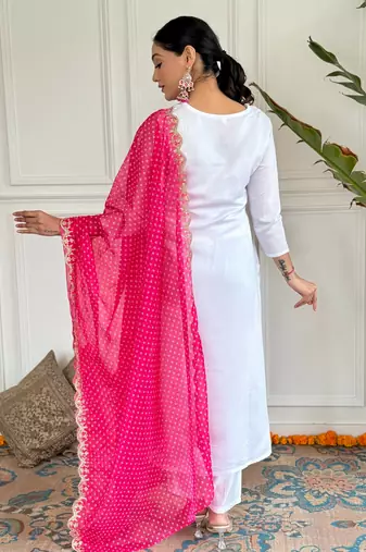 White color viscosee rayon embroidered readymade suit for party looks