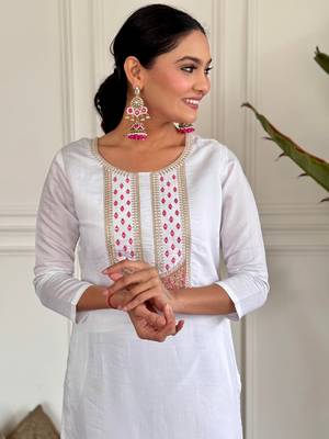 White color viscosee rayon embroidered readymade suit for party looks 3