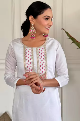 White color viscosee rayon embroidered readymade suit for party looks