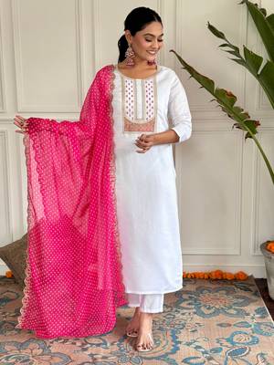 White color viscosee rayon embroidered readymade suit for party looks 4
