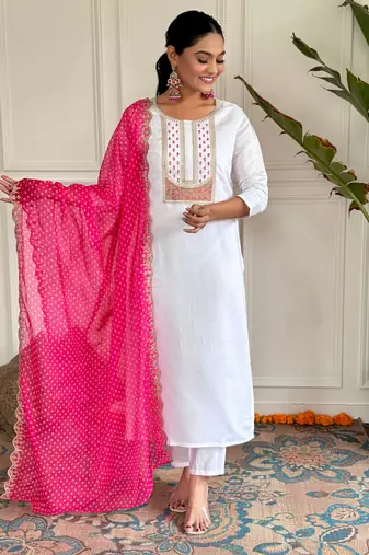 White color viscosee rayon embroidered readymade suit for party looks