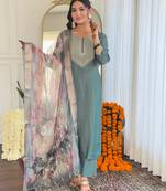 Green color bsy viscose fabric ethnic embroidered readymade suit for party looks