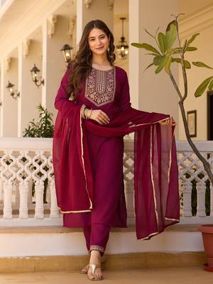 Maroon color rayon embroidered readymade suit for party looks 1