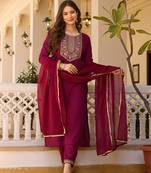 Maroon color rayon fabric ethnic embroidered readymade suit for party looks