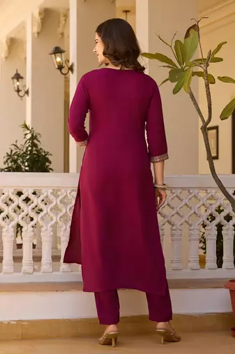 Maroon color rayon fabric ethnic embroidered readymade suit for party looks