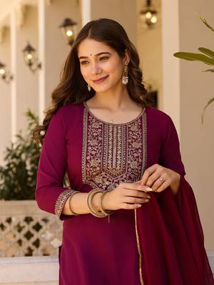 Maroon color rayon embroidered readymade suit for party looks 3