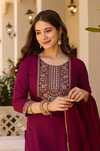 Maroon color rayon fabric ethnic embroidered readymade suit for party looks