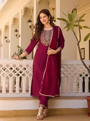 Maroon color rayon embroidered readymade suit for party looks 4