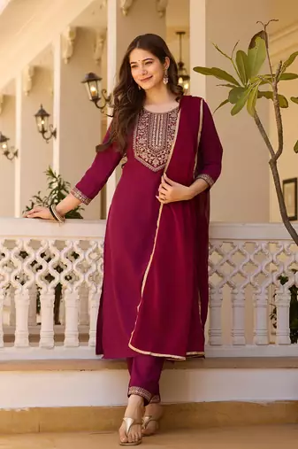 Maroon color rayon fabric ethnic embroidered readymade suit for party looks