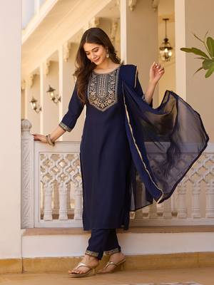Nevy blue color rayon embroidered readymade suit for party looks 1