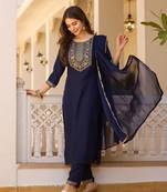 Nevy blue color rayon fabric ethnic embroidered readymade suit for party looks