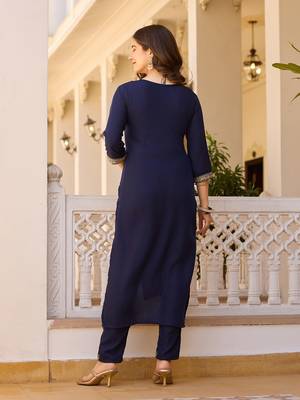 Nevy blue color rayon embroidered readymade suit for party looks 2